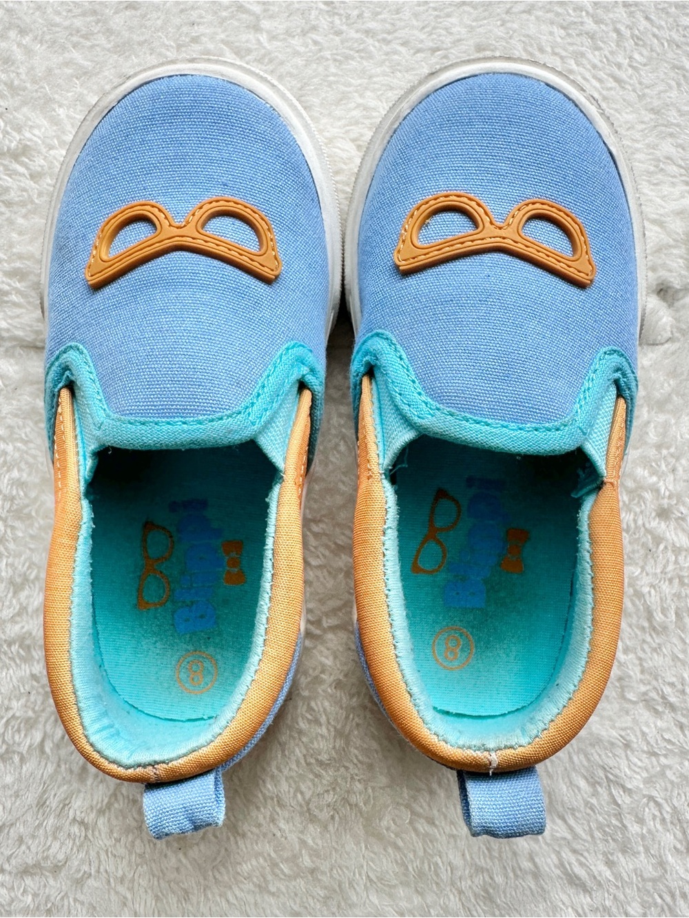 Blippi blue and orange slip on shoes, size 8 toddler